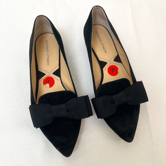 Adrienne Vittadini Shoes - Adrienne Vittadini Pointed Toe Low Heel Black Suede Flat Ballet Ribbon Bow 9.5